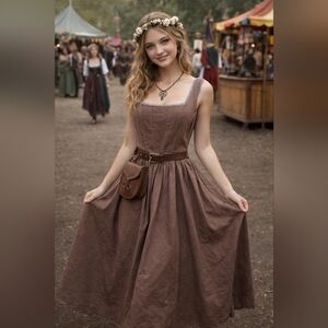 Wayf Ren Faire Lace Trim Tank Dress Basque Waist Women's Medium Flare Skirt Tan